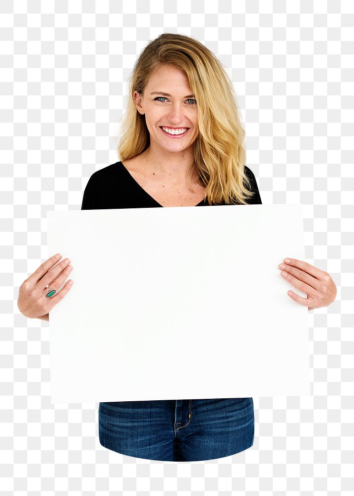 PNG Happy blonde woman holding an empty board, collage element on transparent background