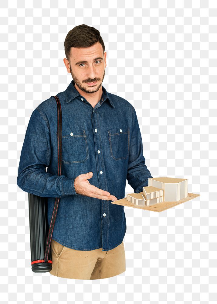 PNG Architect man holding model building, collage element, transparent background