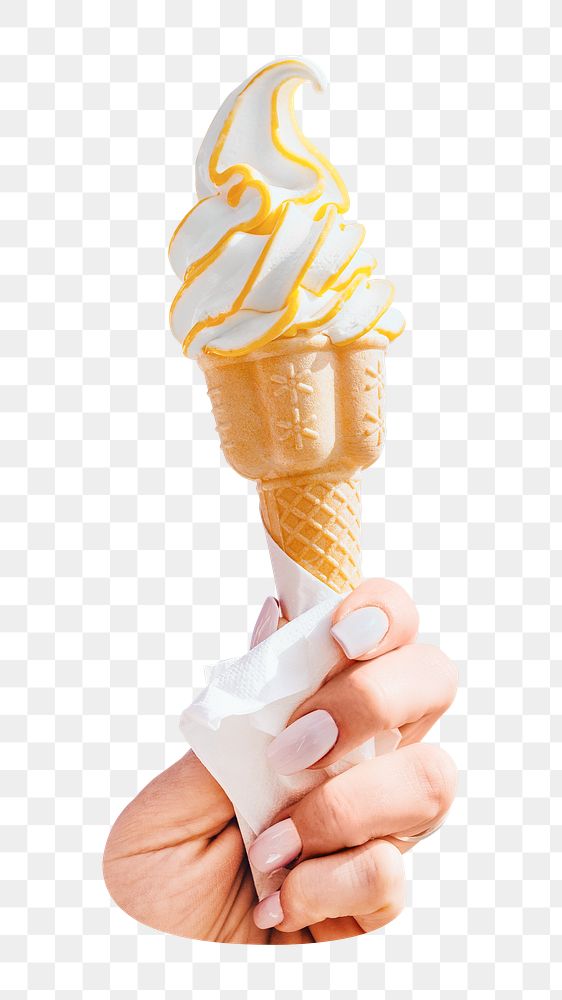 PNG Soft serve ice cream cone with caramel sauce design element, transparent background