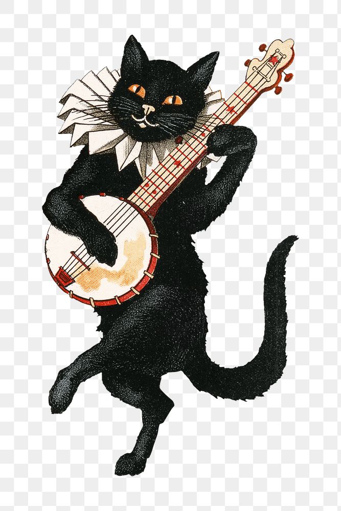 PNG cat playing banjo vintage illustration on transparent background. Remixed by rawpixel. 