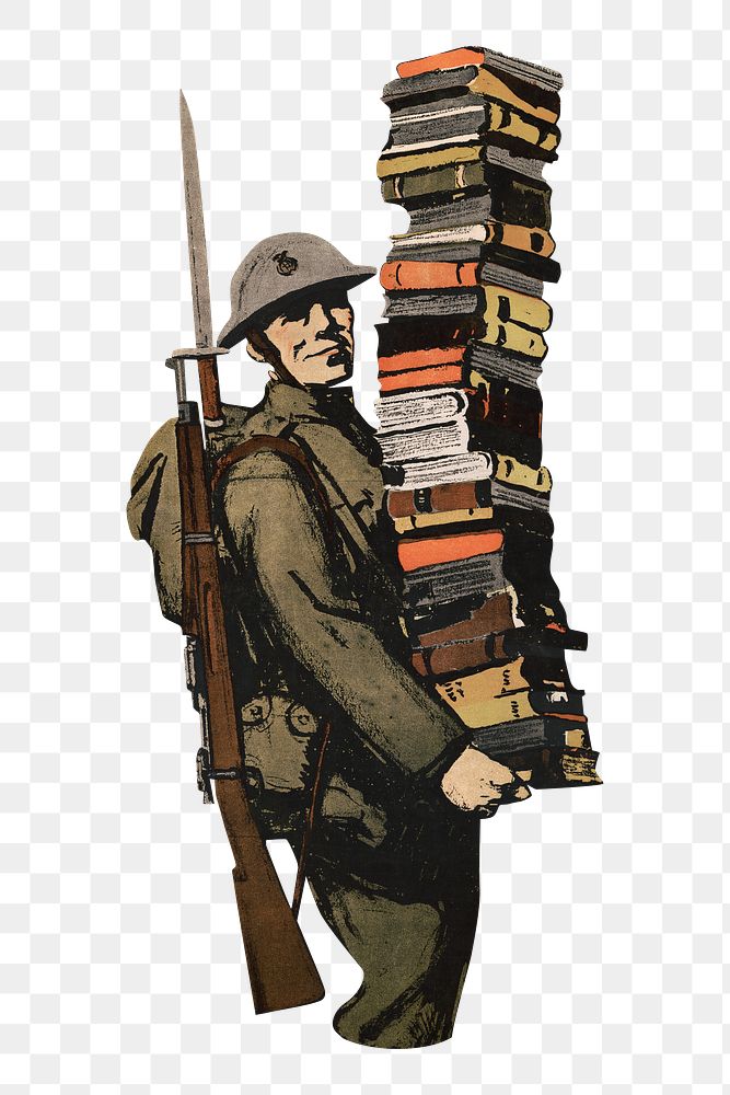 Vintage solider png holding book chromolithograph, transparent background. Remixed by rawpixel. 