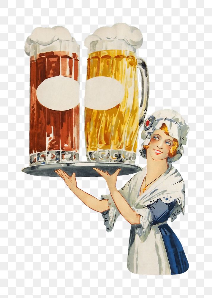PNG vintage woman serving beers, chromolithograph art, transparent background. Remixed by rawpixel. 