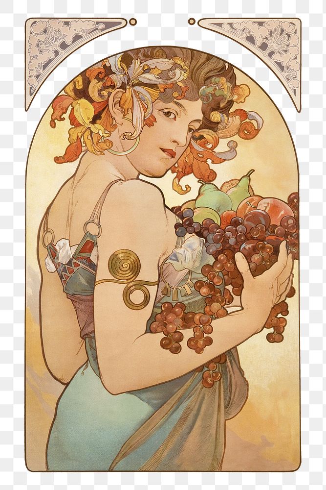 Alfons Mucha's woman png art nouveau illustration, transparent background. Remixed by rawpixel. 