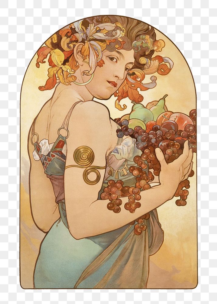 Alfons Mucha's woman png art nouveau illustration, transparent background. Remixed by rawpixel. 