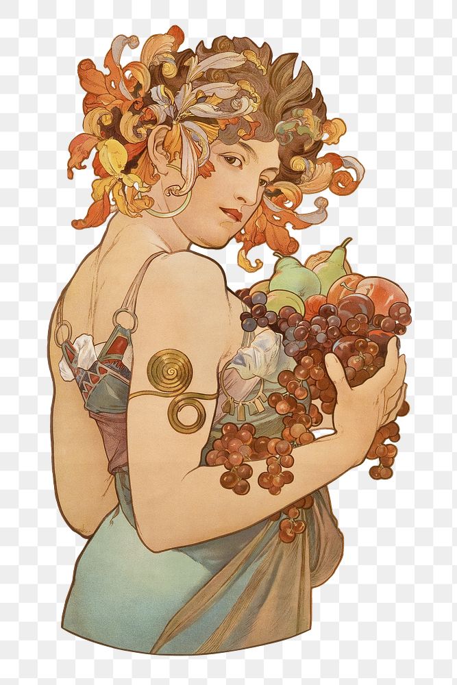 Alfons Mucha's woman png art nouveau illustration, transparent background. Remixed by rawpixel. 