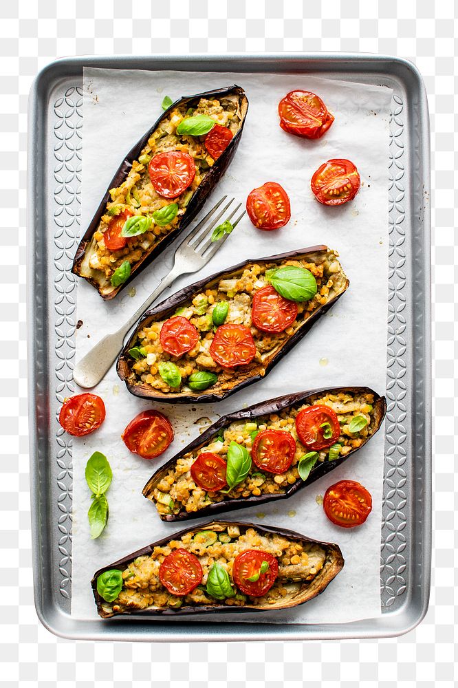 PNG Stuffed roasted eggplants with tomatoes and fresh basil, collage element, transparent background