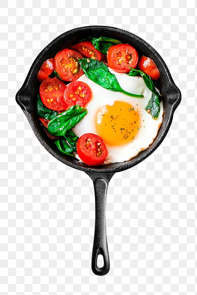PNG Freshly cooked egg and tomatoes in a pan, collage element, transparent background