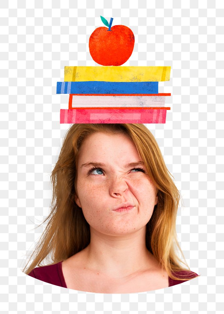 PNG Woman with book stack on her head transparent background