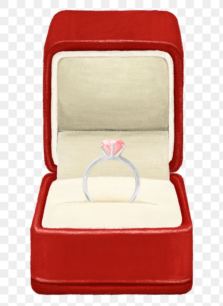 Wedding diamond ring png, red velvet box illustration, transparent background