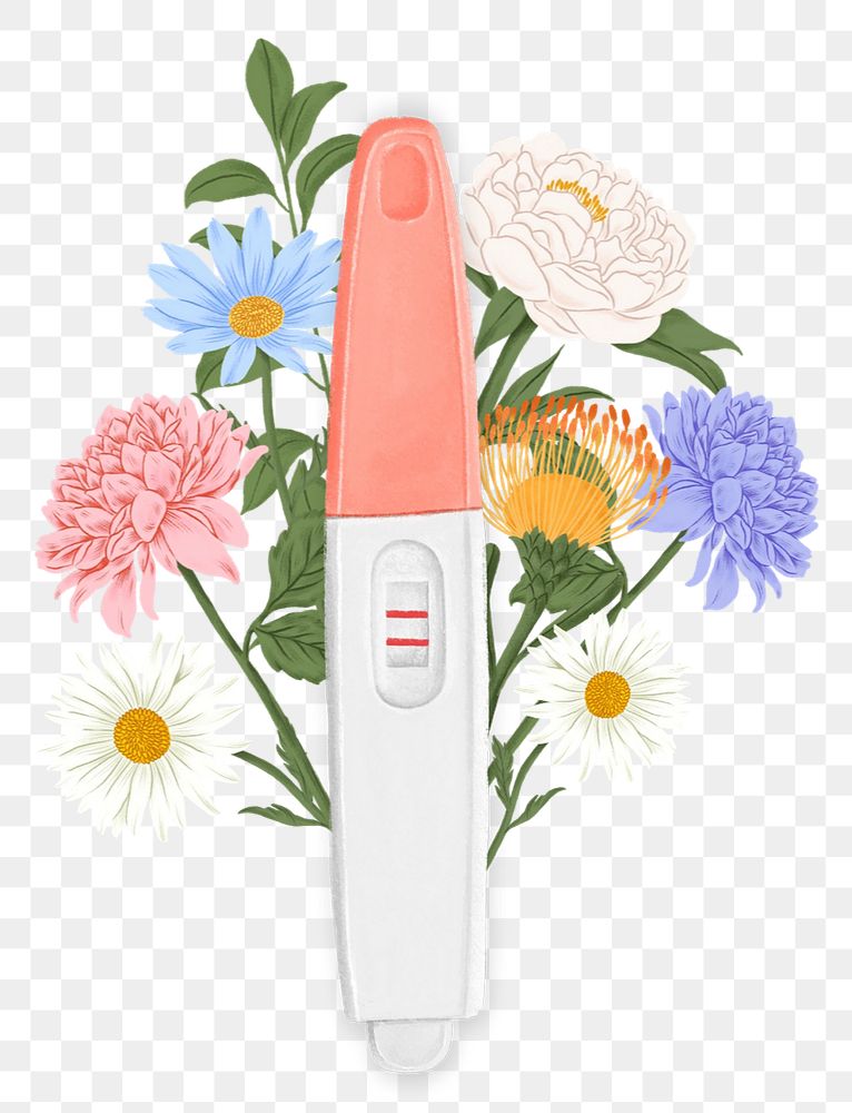 Positive pregnancy test png, women's health, floral remix, transparent background