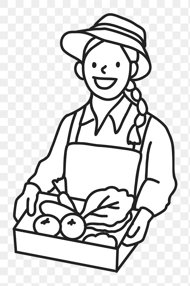 PNG Woman smart farmer selling organic vegetable farmer market line art sticker, transparent background