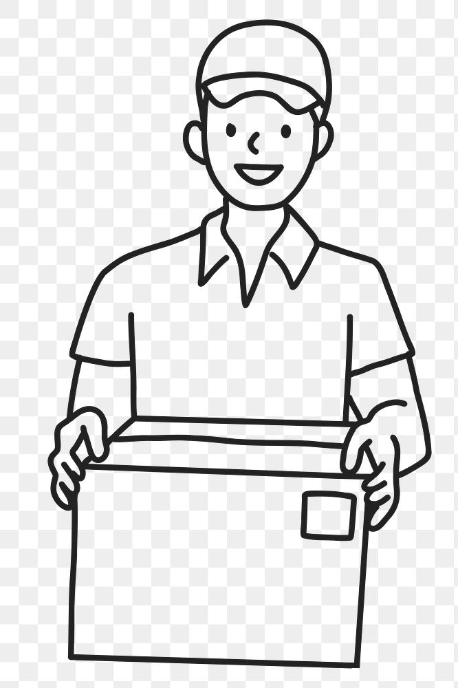 PNG Uniform delivery man carrying parcel line art sticker, transparent background