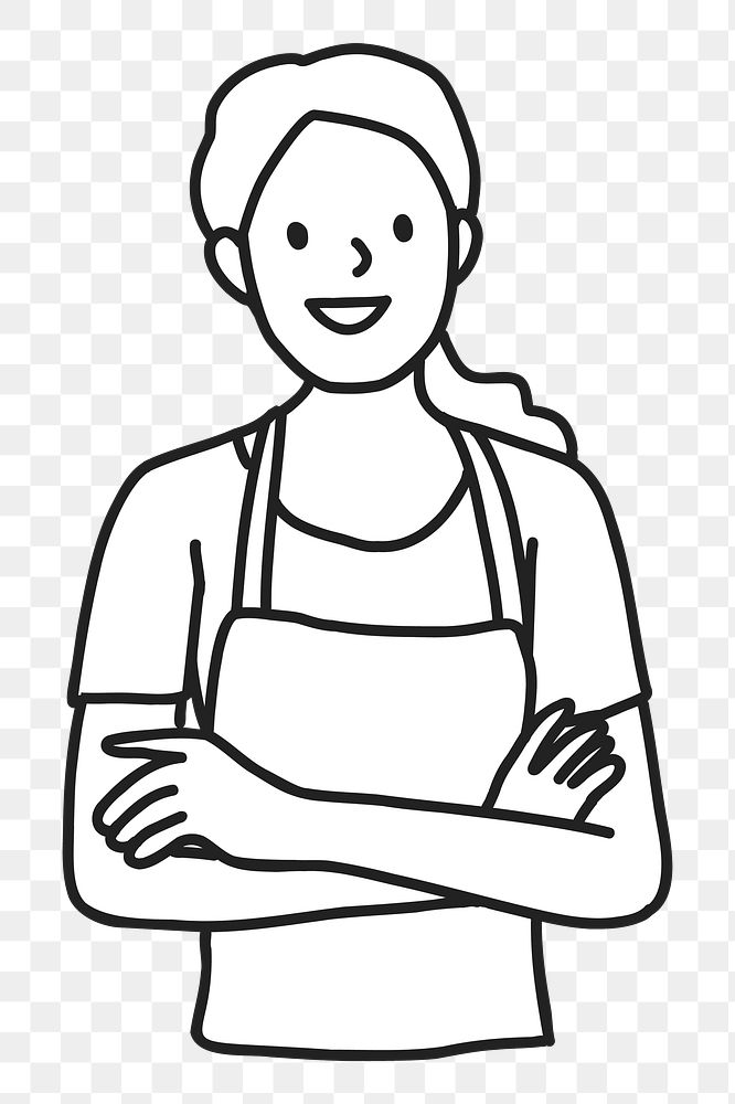 PNG Smiling young female cafe worker line drawing sticker, transparent background