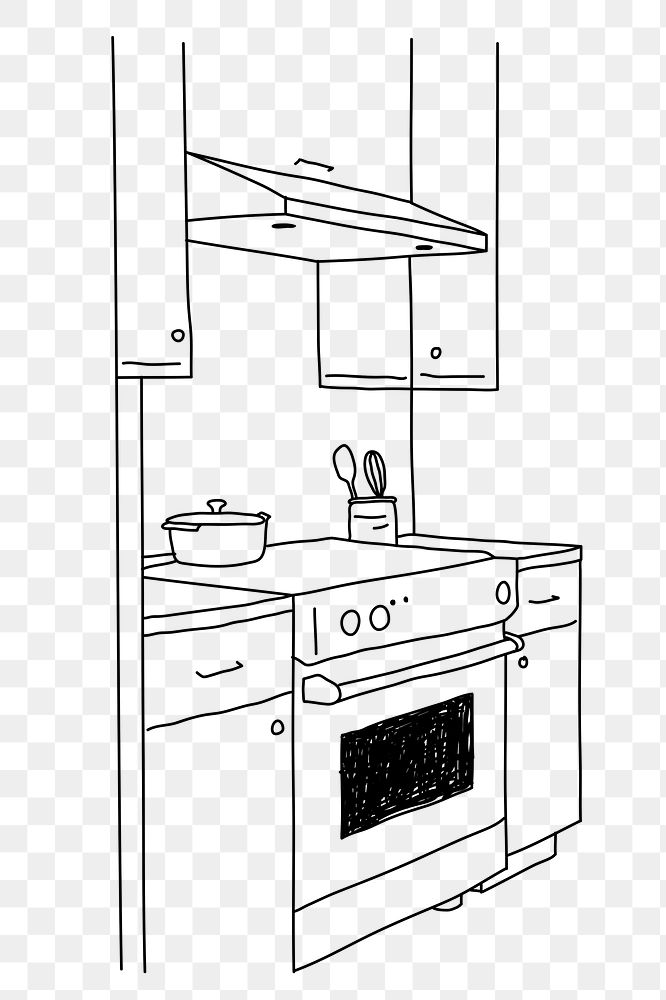 Kitchen stove png oven interior line art illustration, transparent background