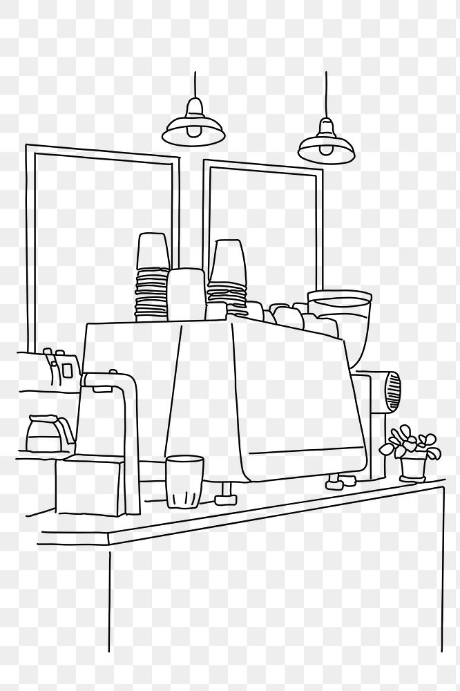 Coffee shop counter png, small business line art illustration, transparent background