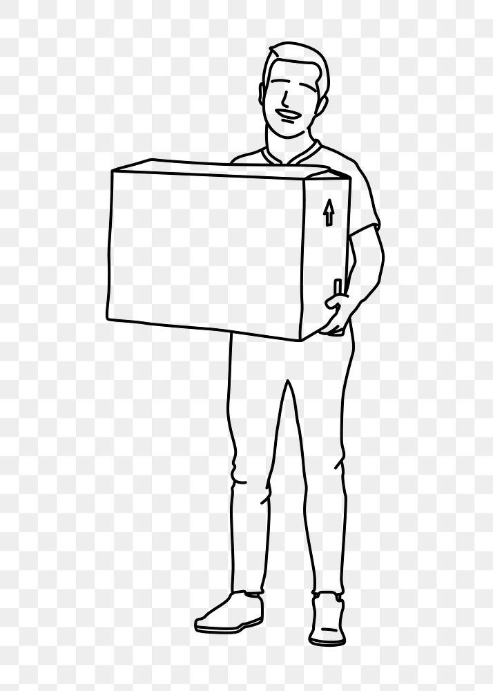 Man png carrying moving box line art illustration, transparent background