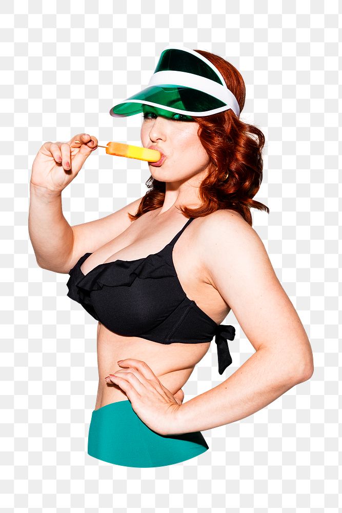 Woman png having an ice pop, transparent background