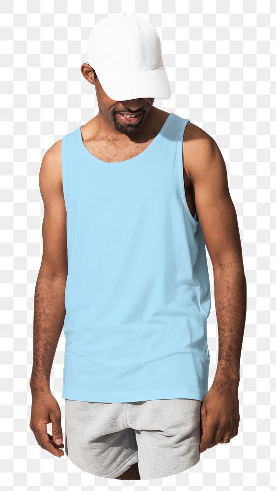Png man in blue tank top, summer image on transparent background