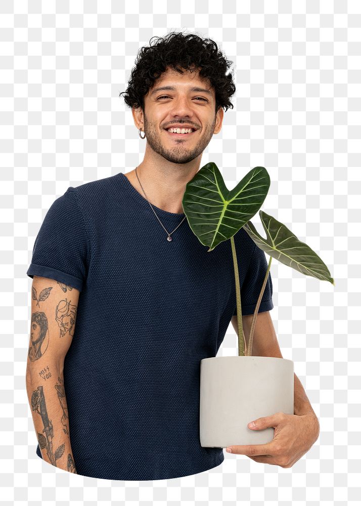 Png Latino man holding plant image on transparent background