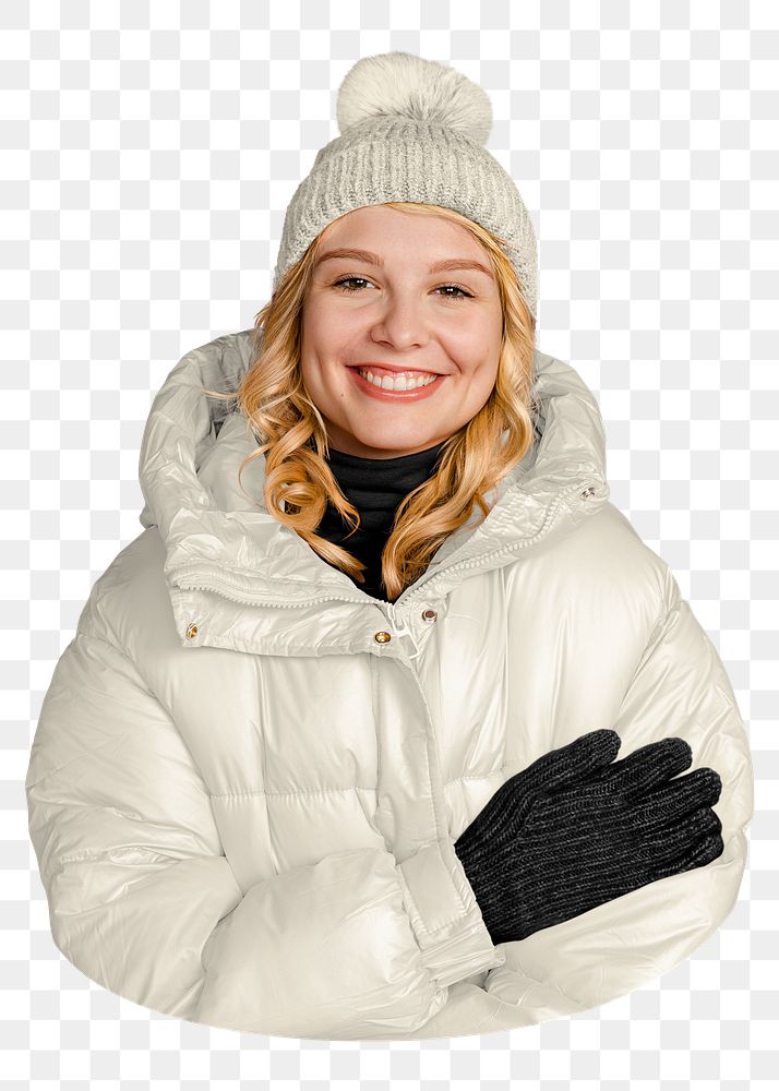 PNG woman in puffer jacket, collage element, transparent background