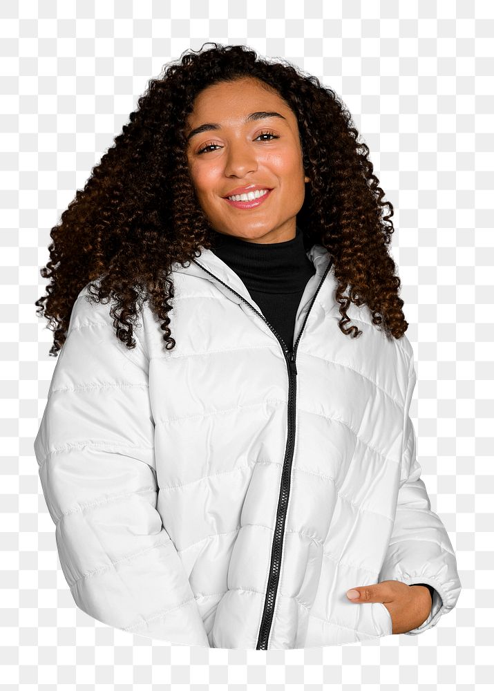 Png woman winter jacket image, transparent background