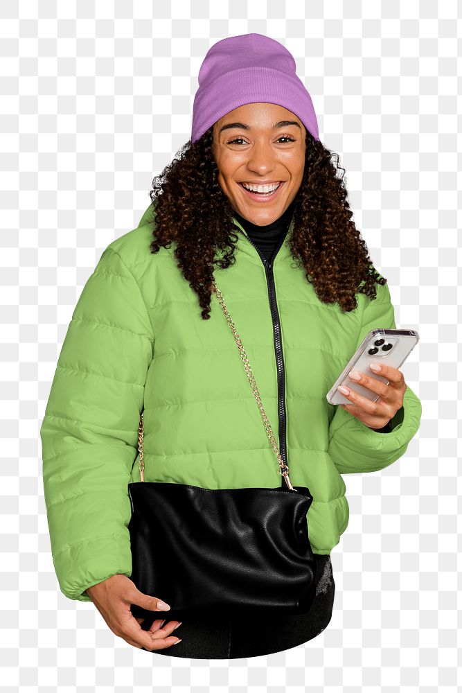 Png happy woman with phone png image, transparent background
