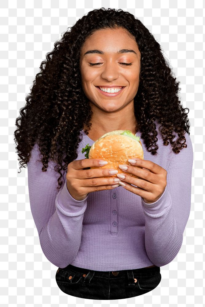 PNG woman eating burger, collage element, transparent background