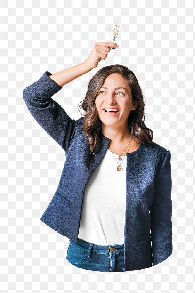 PNG Woman holding light bulb design element, transparent background