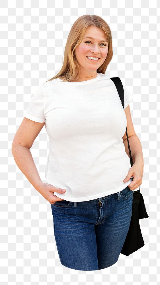 Woman png wearing a white tee and jeans on transparent background