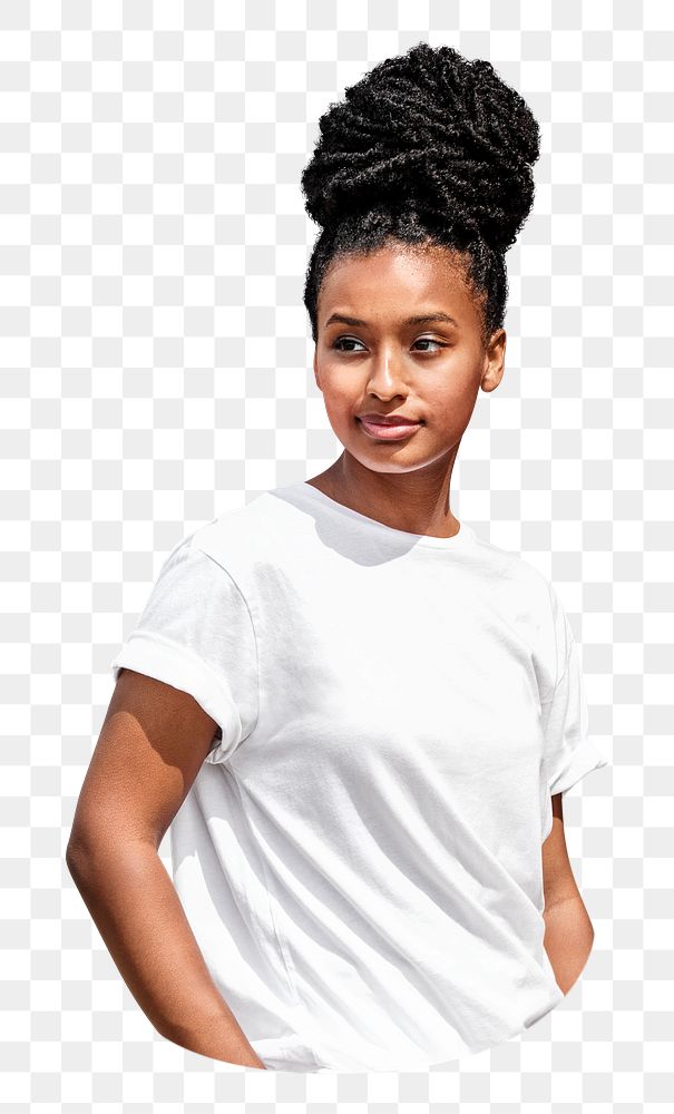 PNG Woman wearing white tee collage element, transparent background