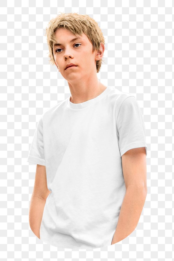 PNG Boy wearing white t-shirt collage element, transparent background