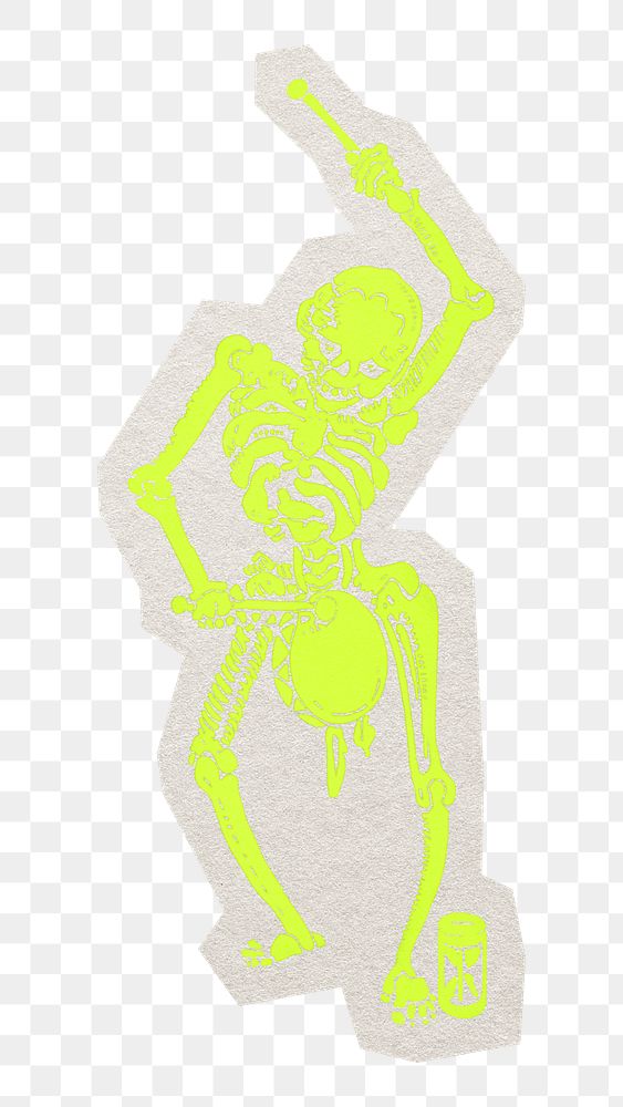 PNG green skeleton playing drum sticker with white border,  transparent background