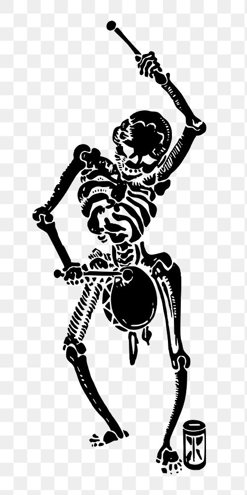 PNG Human skeleton playing drum vintage  illustration, transparent background. Free public domain CC0 image.