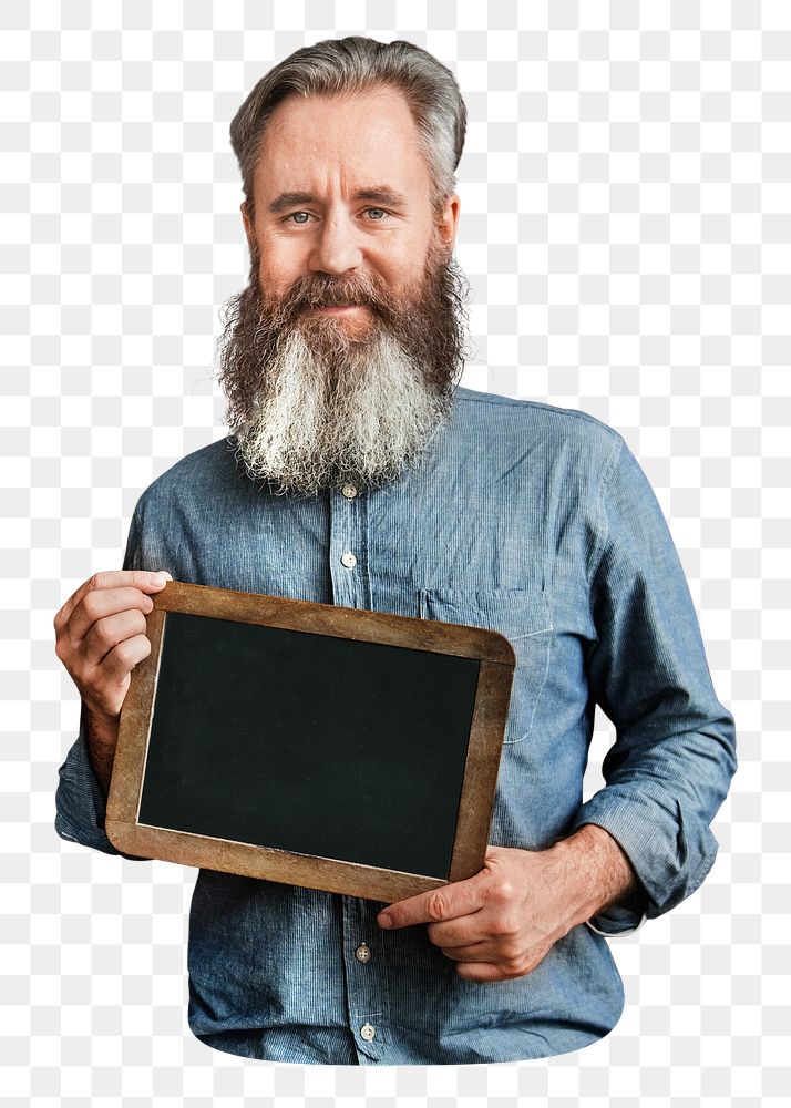 PNG Old caucasian man with blank blackboard, collage element, transparent background