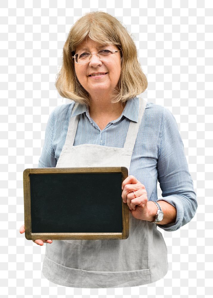 PNG Old caucasian woman with blank blackboard, collage element, transparent background