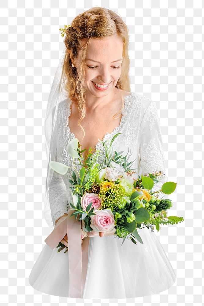 PNG Bride in wedding dress holding bouquet flowers, collage element, transparent background