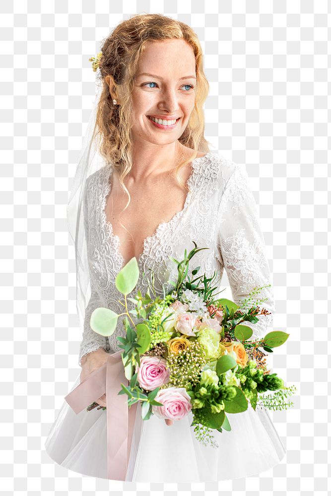 PNG Bride in wedding dress holding bouquet flowers, collage element, transparent background