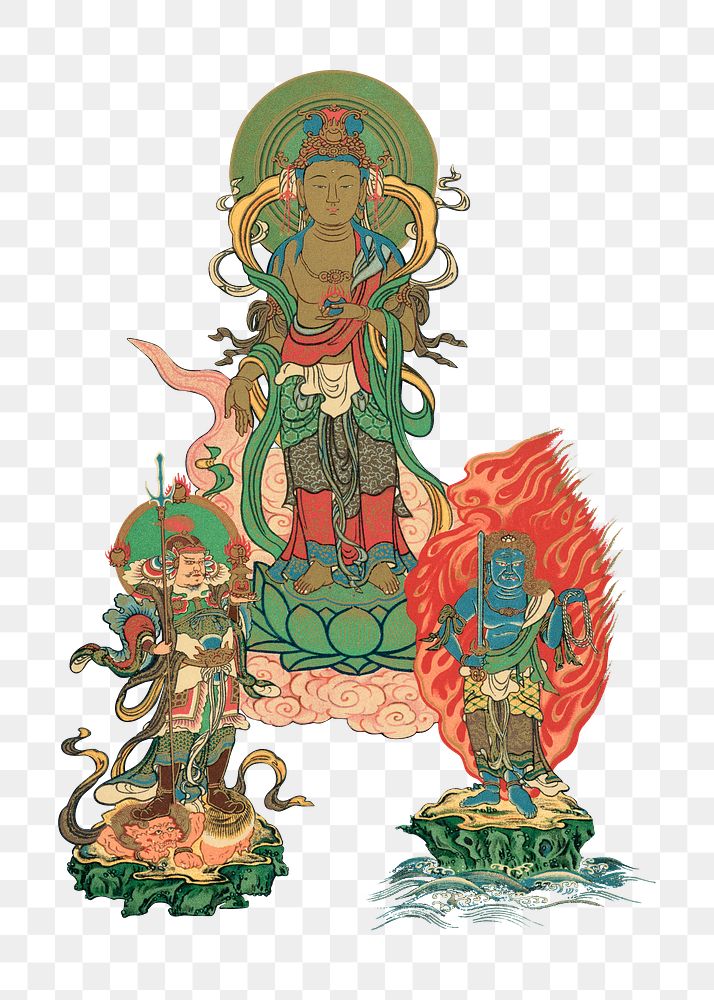 PNG Bodhisattva and two gods, vintage Japanese painting by G.A. Audsley-Japanese illustration, transparent background.…