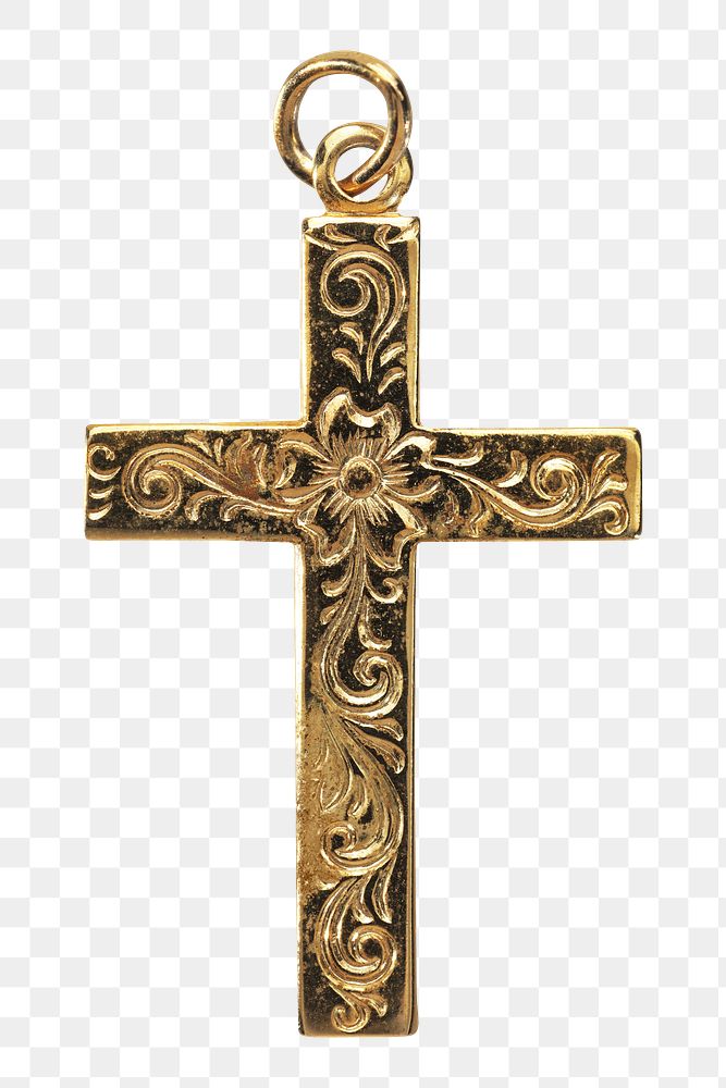 PNG gold cross pendant, transparent background. Remixed by rawpixel. 