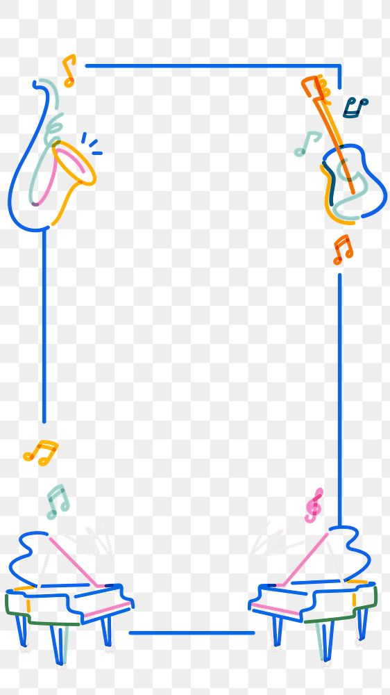 Png music doodle line art frame, transparent background