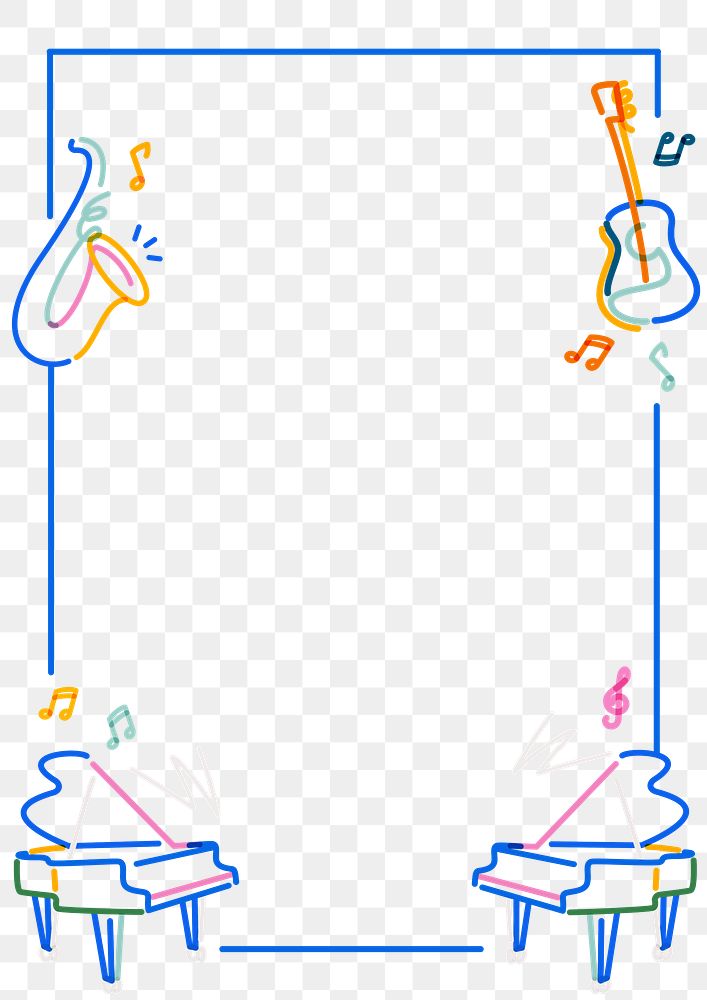 Png blue music doodle line art frame, transparent background