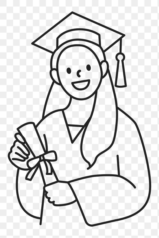 PNG Female graduate student in graduation gown holding diploma line art sticker, transparent background