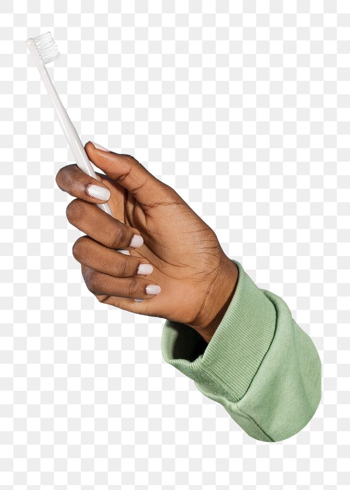 Png black woman holding toothbrush, transparent background