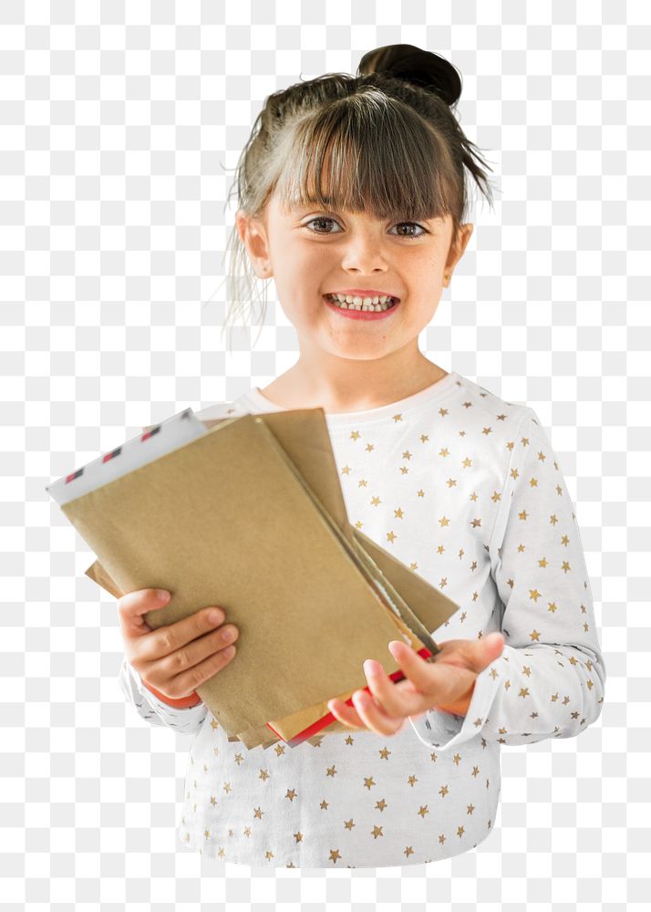 Little girl holding mail png, transparent background