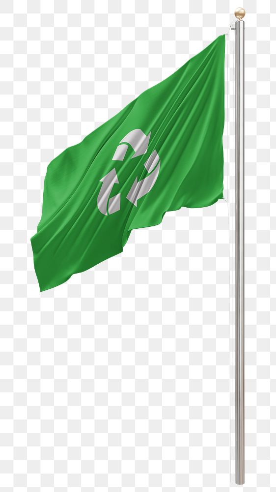 Png Green recycling flag on pole, transparent background