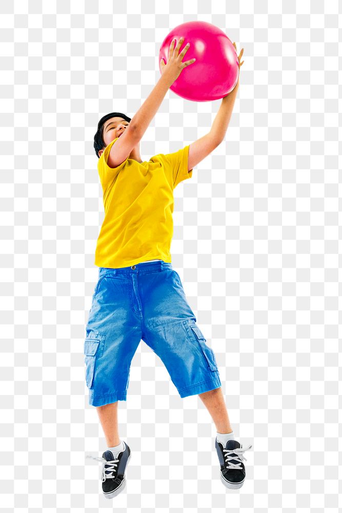 Png boy catching pink balloon, transparent background