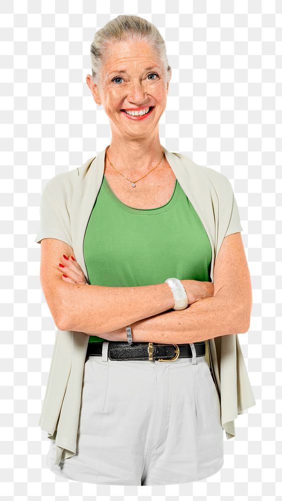 Png old woman smiling cross armed, transparent background