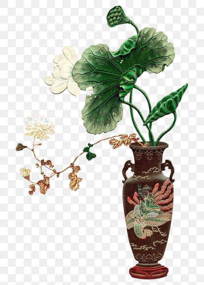PNG Decorative Japanese vase, botanical  by G.A. Audsley-Japanese illustration, transparent background. Remixed by rawpixel.