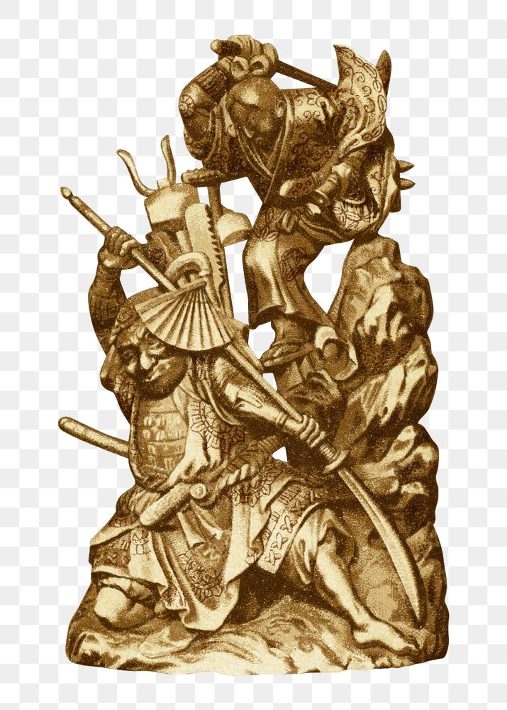 PNG Gold Japanese warriors sculpture, by G.A. Audsley-Japanese, transparent background. Remixed by rawpixel.