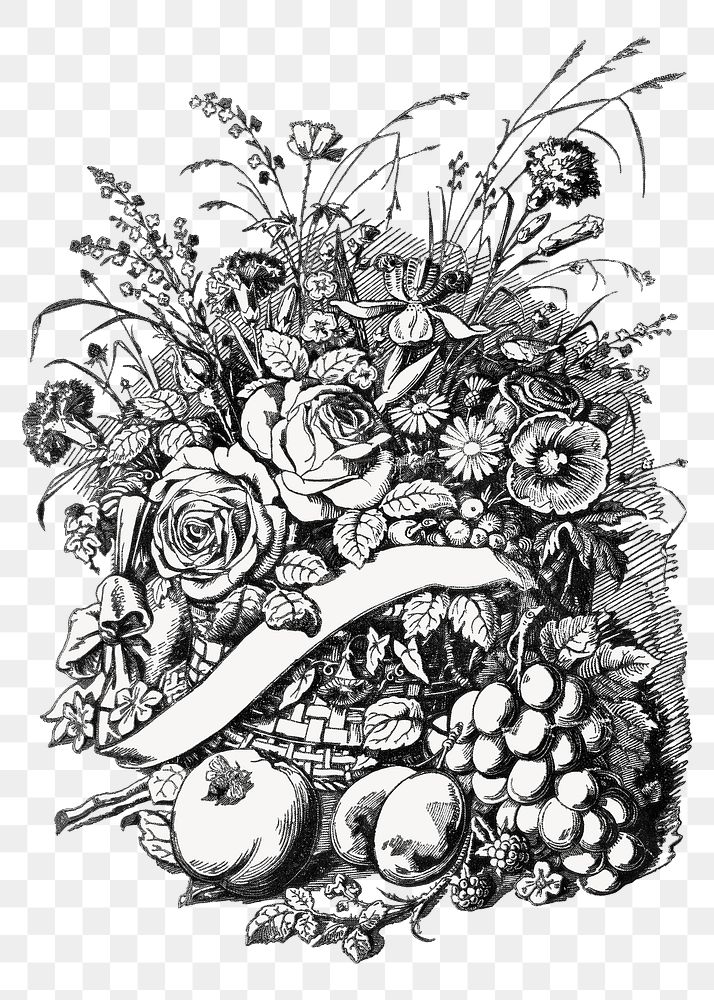PNG vintage flowers black & white illustration, transparent background. Remixed from our own original 1879 edition of…